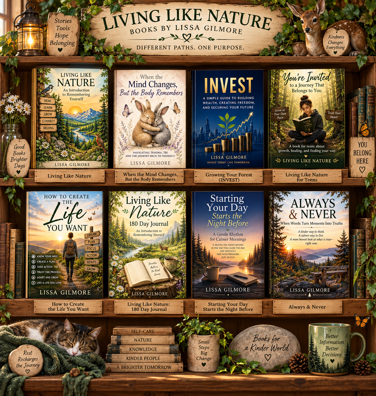 A wooden Living Like Nature bookshelf displaying eight books by Lissa Gilmore