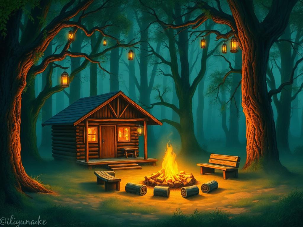 A painted log cabin beside a glowing campfire in a lantern-lit woodland clearing