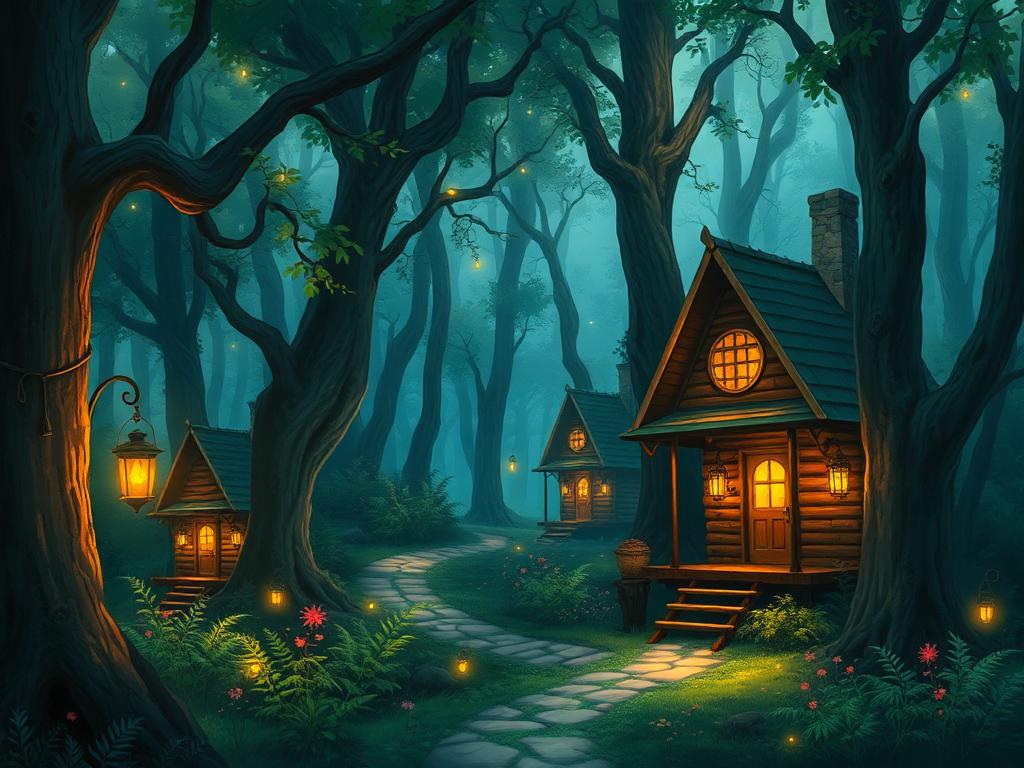 Painted treehouse cabins along a lantern-lit trail through an ancient grove
