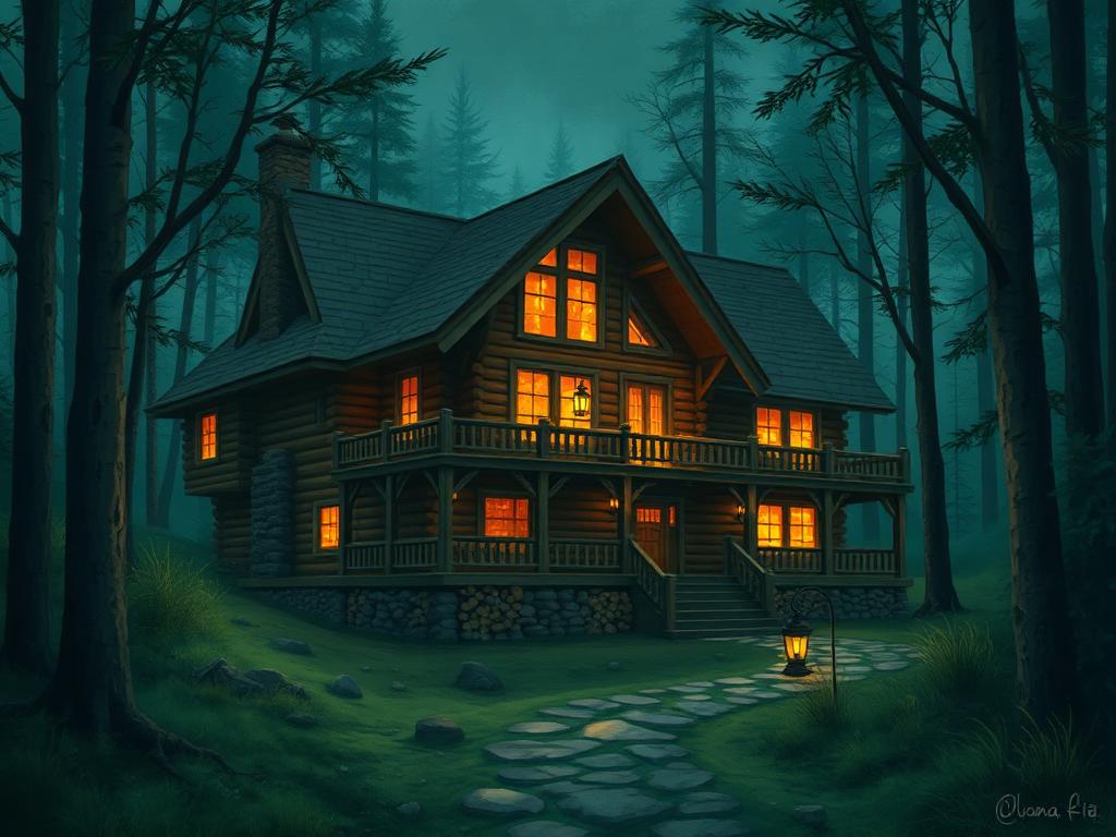 A painted timber lodge with warmly lit windows at the edge of the woods