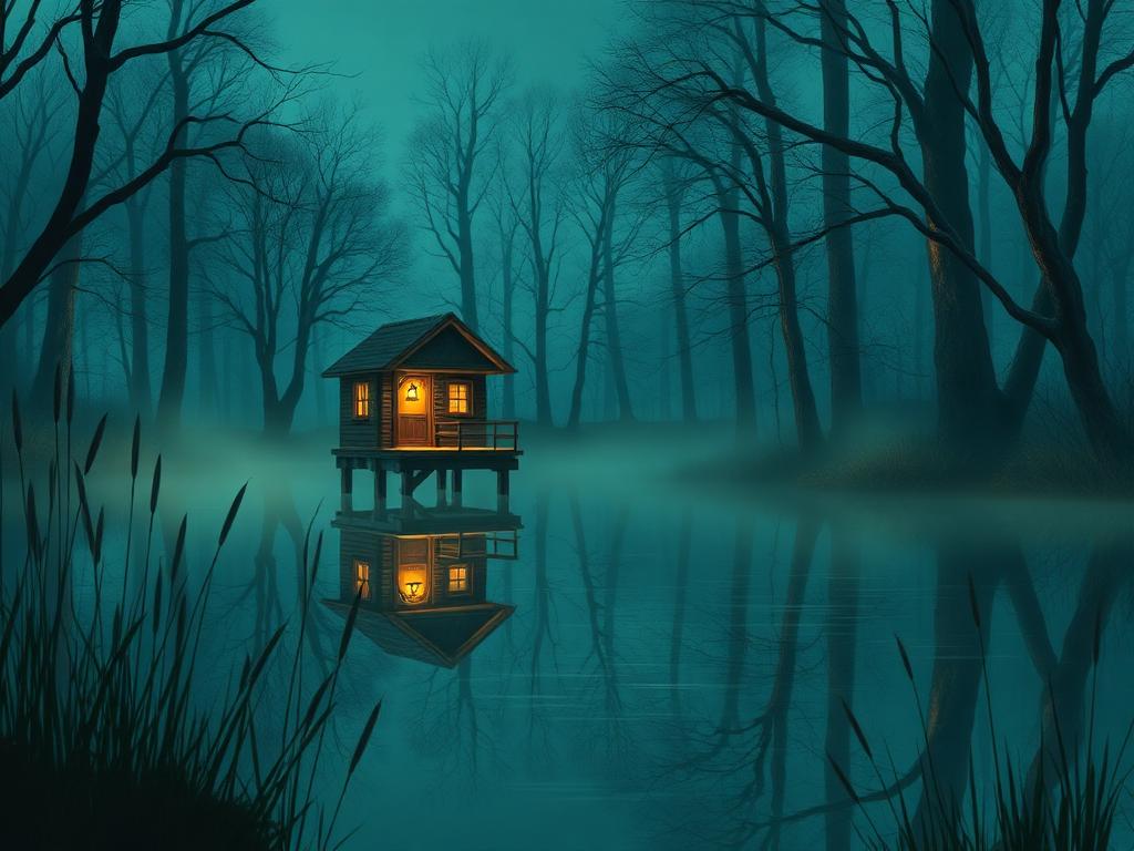 A painted lantern-lit cabin on stilts reflected in a still misty pond